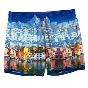 Bugatchi Mens Blue Coastal Village‎ Graphic Print Swim Trunks Mesh Lined Large